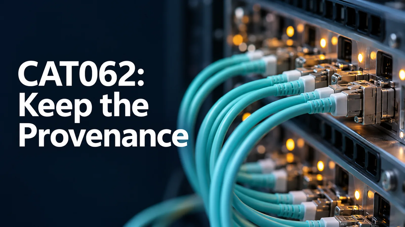 Conceptual fibre-optic patch panel with aqua cables beneath the words CAT062: Keep the Provenance.