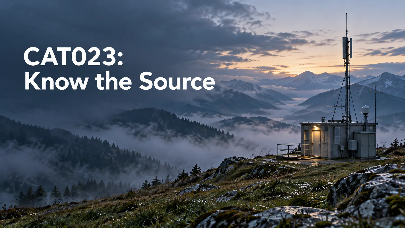 Conceptual ground communications station in a misty landscape beneath the words CAT023: Know the Source.