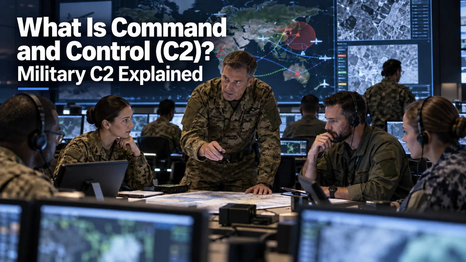 Military commanders and staff coordinating in a modern command centre beneath the headline What Is Command and Control (C2)? Military C2 Explained.