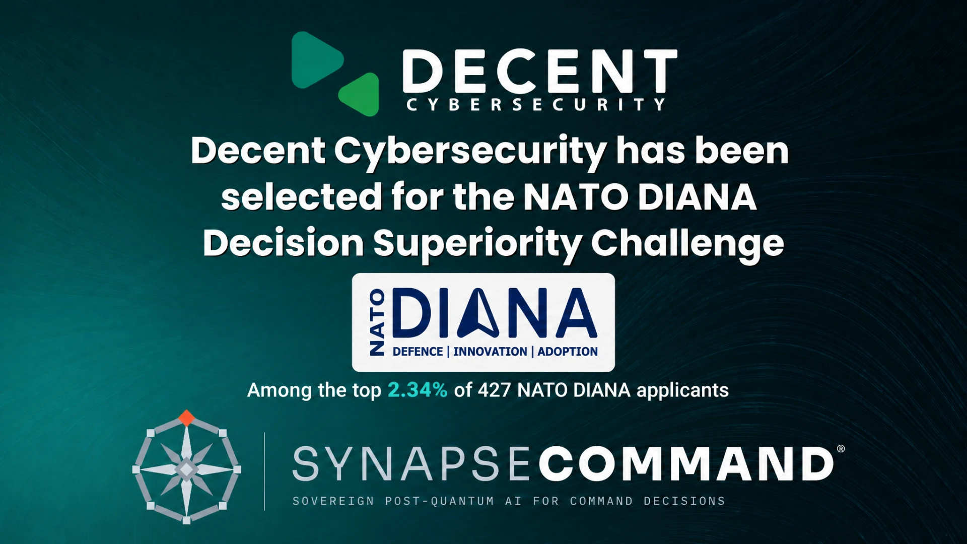 NATO DIANA selection banner announcing Decent Cybersecurity's participation in the Decision Superiority for NATO Warfighters programme