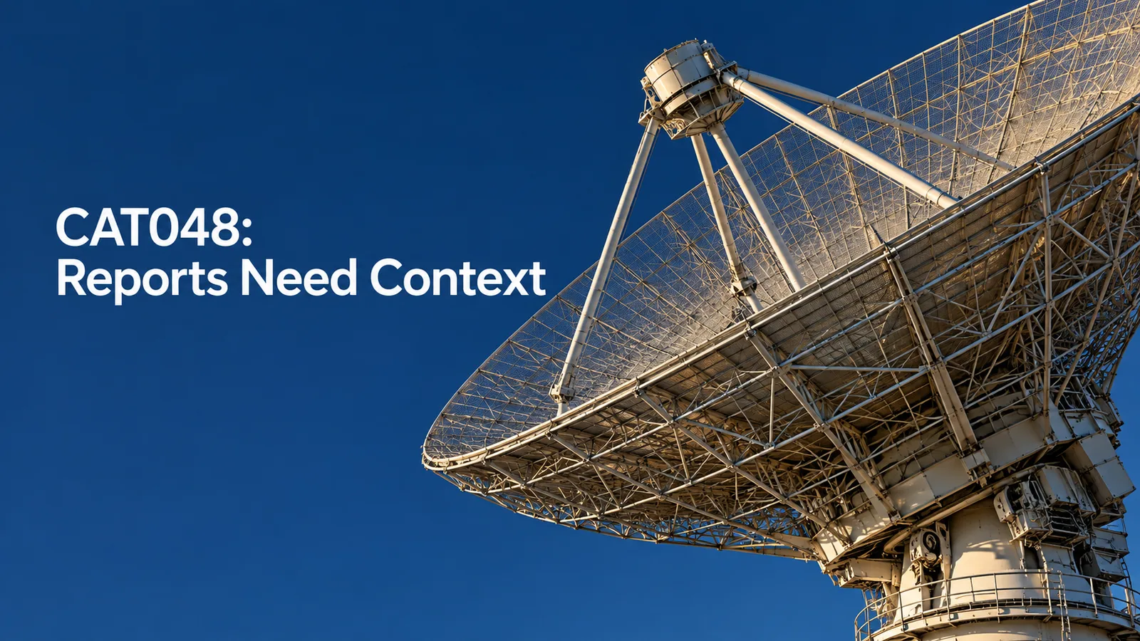Conceptual open-frame radar antenna against a blue sky beneath the words CAT048: Reports Need Context.