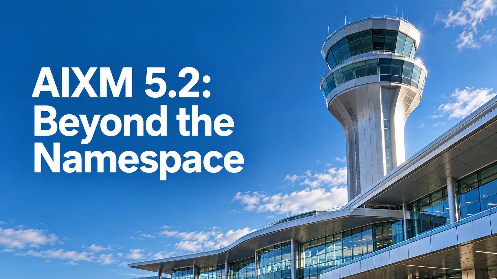 Conceptual airport control tower and glass terminal facade beneath the words AIXM 5.2: Beyond the Namespace.