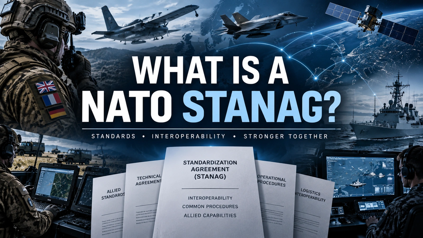 NATO Standardization Agreement document shown with allied military systems and coalition interoperability links