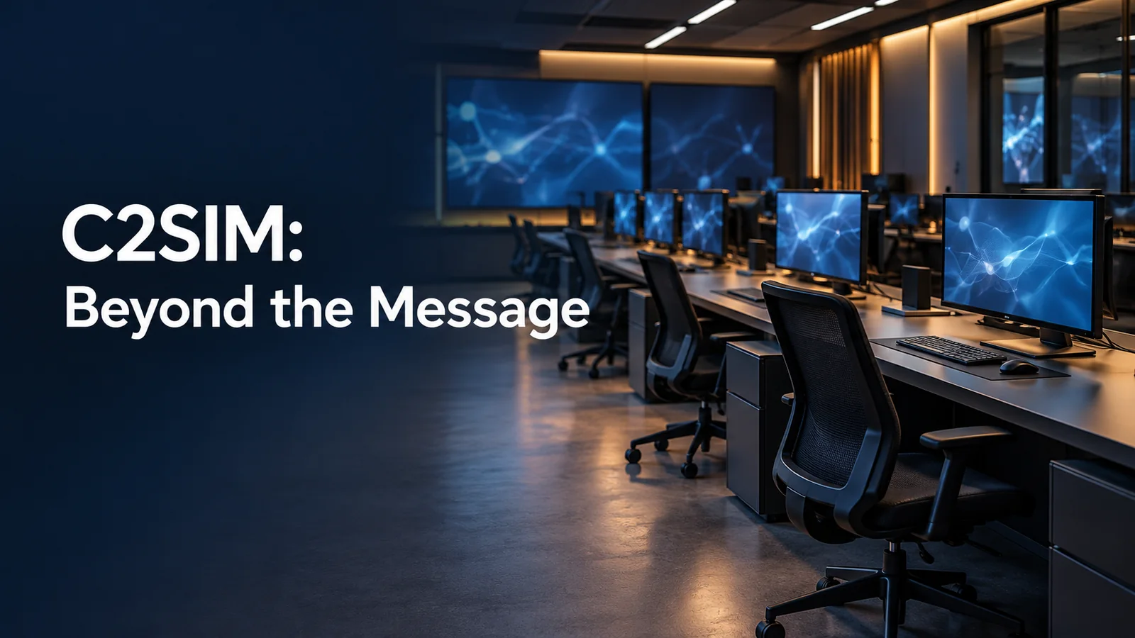Conceptual simulation laboratory with empty workstations beneath the words C2SIM: Beyond the Message.