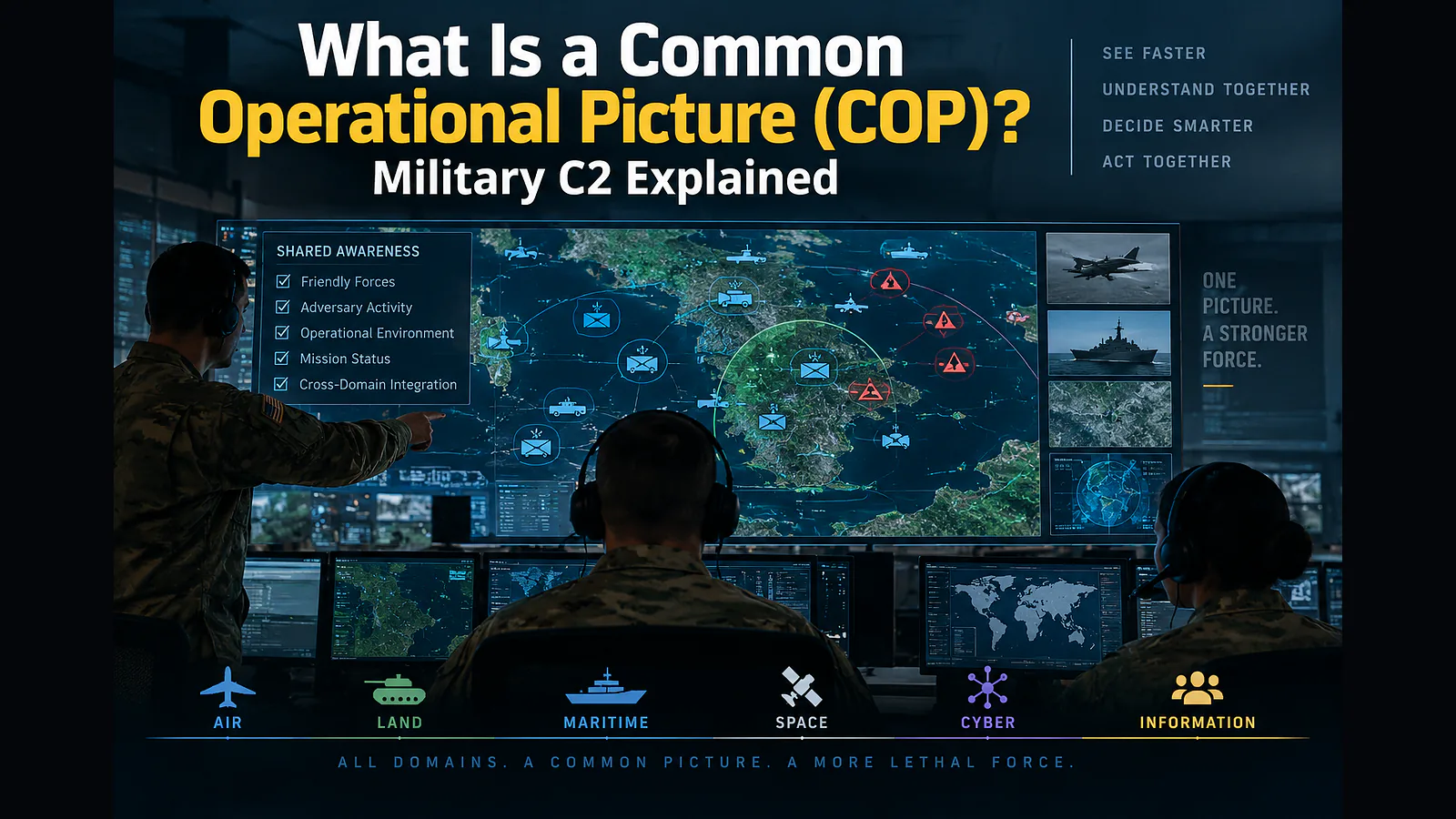 Military Common Operational Picture showing air, land, maritime, space, cyber and information domains in a command centre
