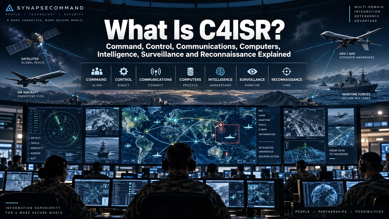 C4ISR command centre illustration showing command, control, communications, computers, intelligence, surveillance and reconnaissance across air, land, sea, space and cyber domains