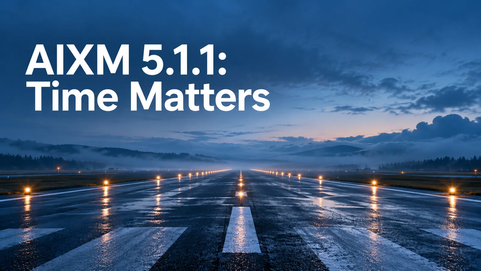 Conceptual view along an empty runway in blue-hour mist beneath the words AIXM 5.1.1: Time Matters.