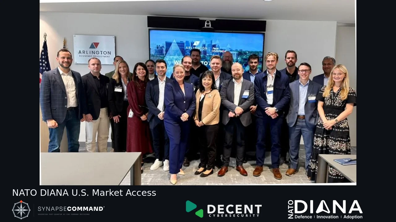 NATO DIANA programme participants at Arlington Economic Development, with SynapseCommand and Decent Cybersecurity editorial branding.