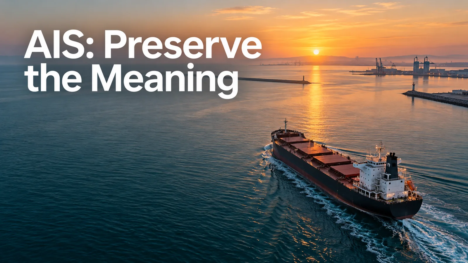 Conceptual aerial view of a merchant ship approaching a harbour at dawn beneath the words AIS: Preserve the Meaning.