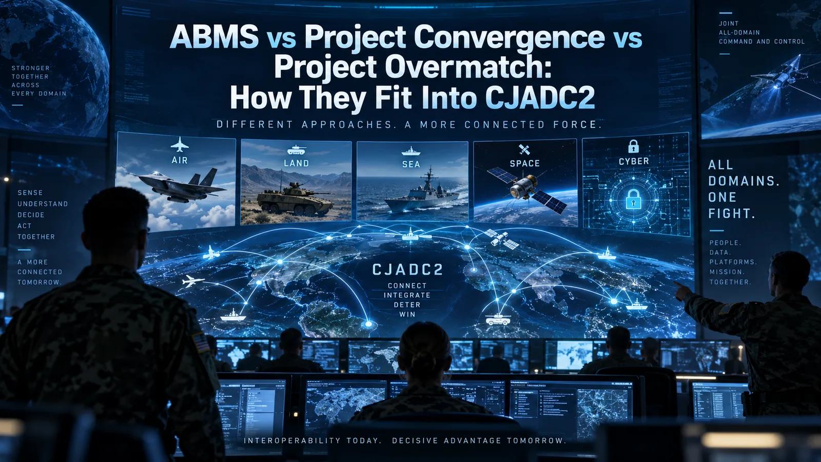 ABMS, Project Convergence and Project Overmatch shown across air, land, sea, space and cyber domains in a conceptual CJADC2 command centre