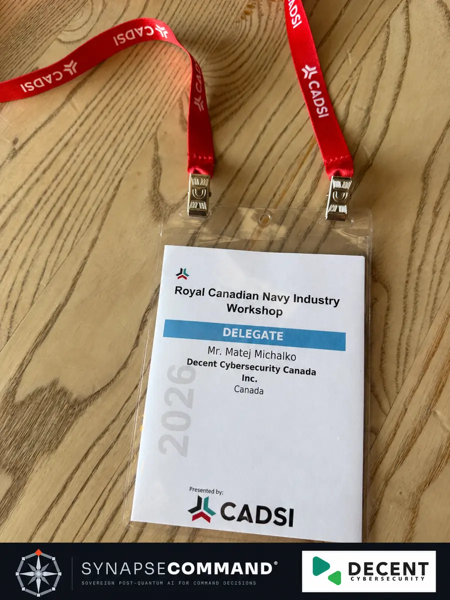 Edited delegate badge for Matej Michalko of Decent Cybersecurity Canada Inc. at the Royal Canadian Navy Industry Workshop.