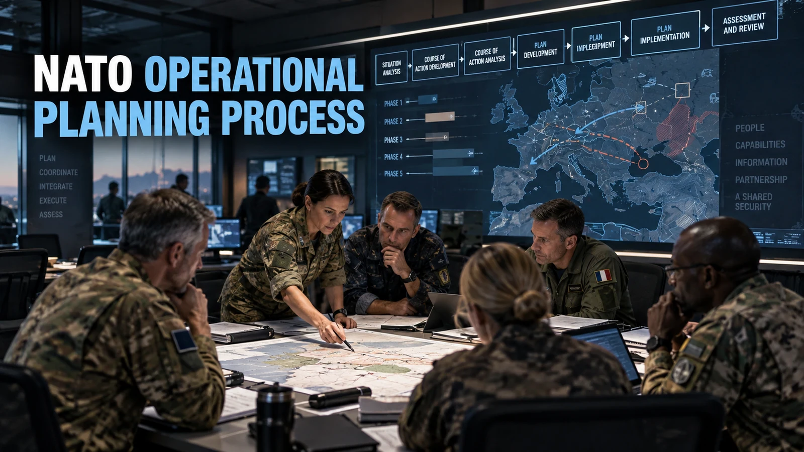 Multinational military planning team conducting a NATO operational planning process around maps and digital command displays