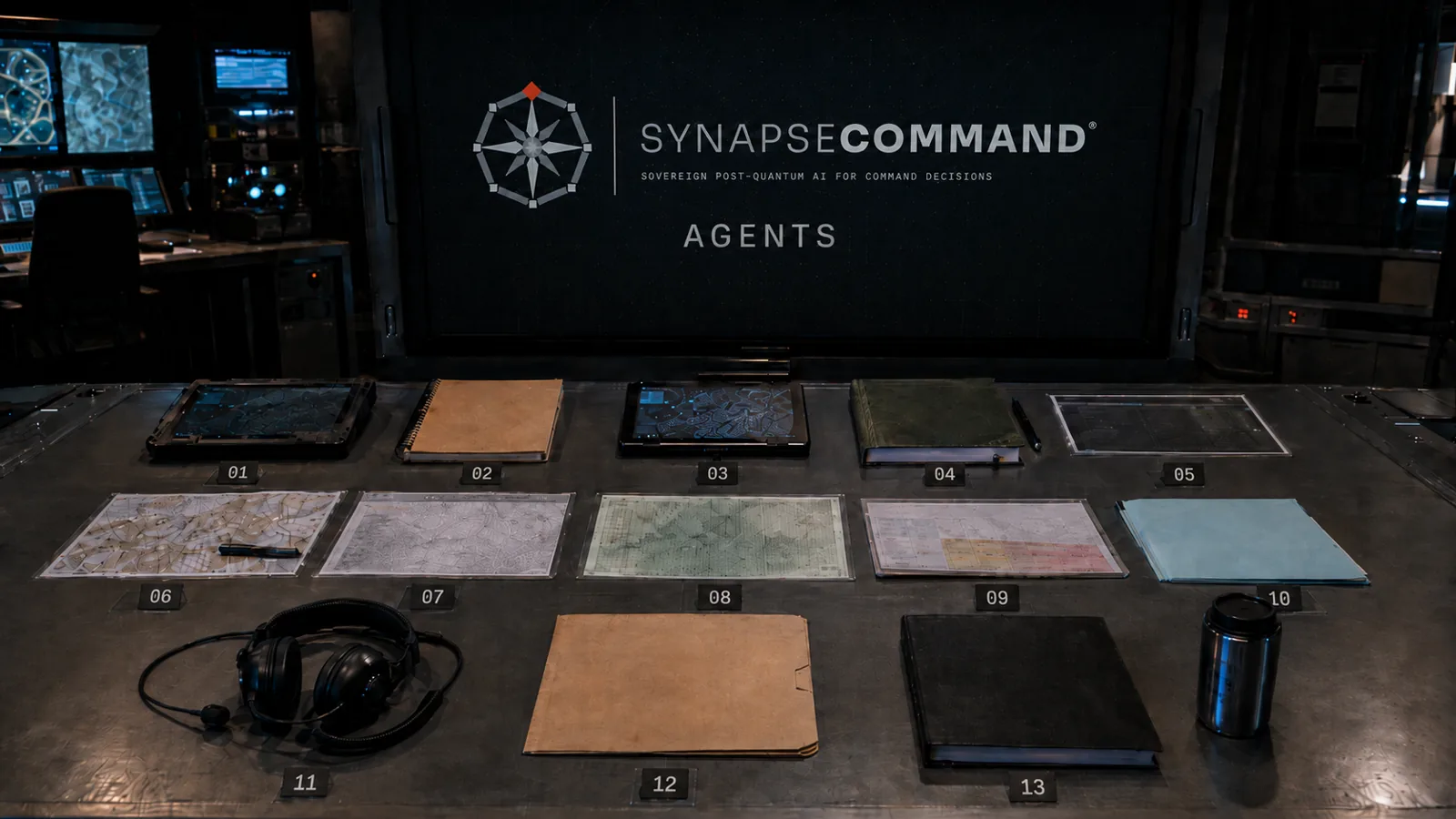 Command centre briefing table with thirteen numbered dossiers laid out beneath a SynapseCommand Agents display screen