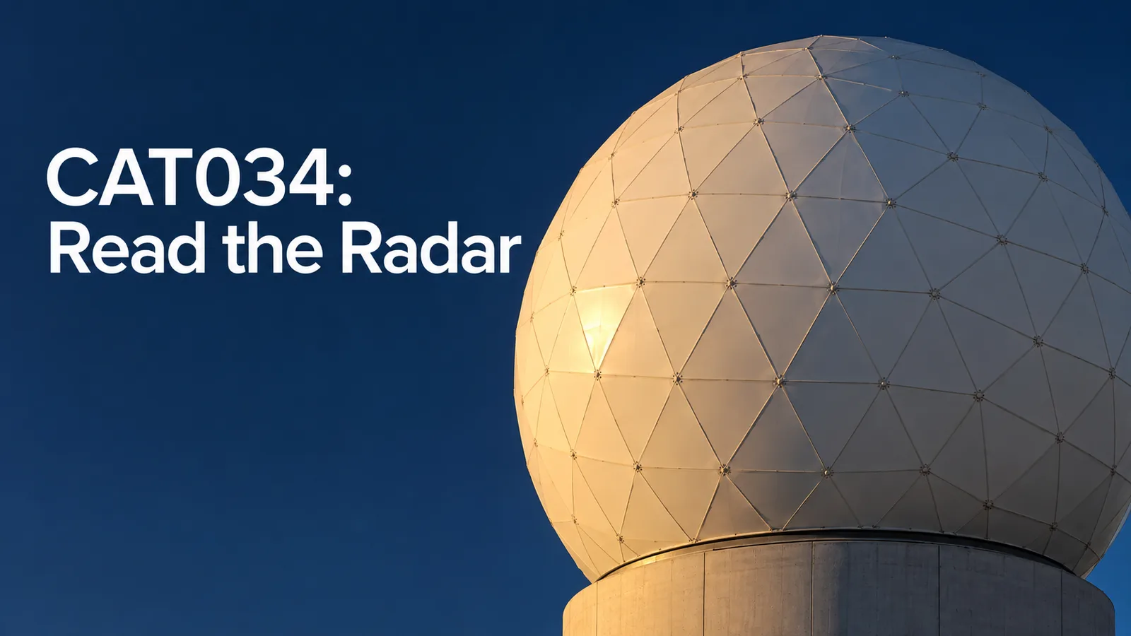 Conceptual white radar radome against a dusk sky beneath the words CAT034: Read the Radar.