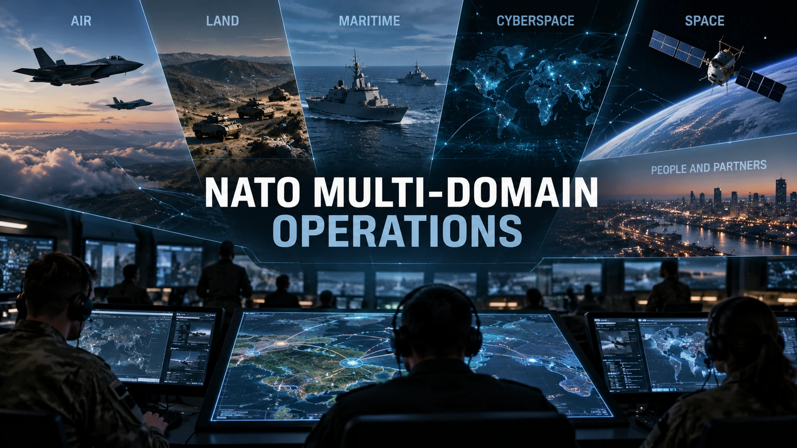 NATO multi-domain operations concept showing air, land, maritime, cyberspace and space connected to a joint command centre