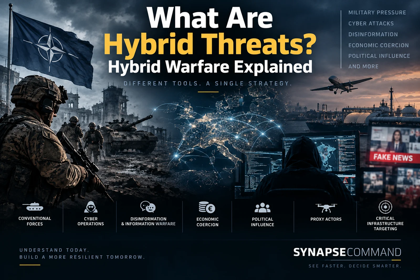 Conceptual illustration of hybrid threats including military pressure, cyber operations, disinformation, economic coercion and critical infrastructure