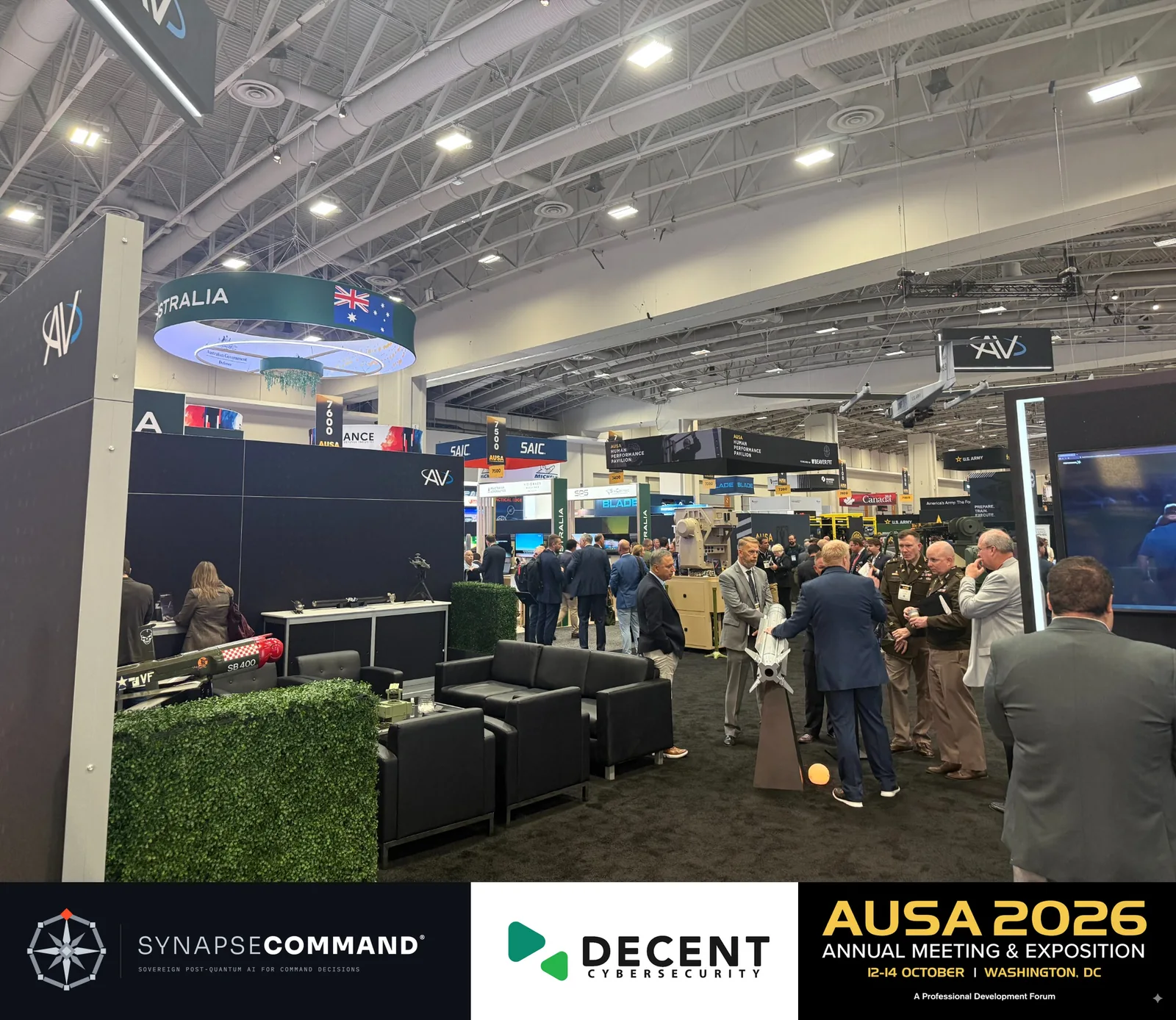 Visitors and defence exhibits near the Australian pavilion at AUSA 2026.