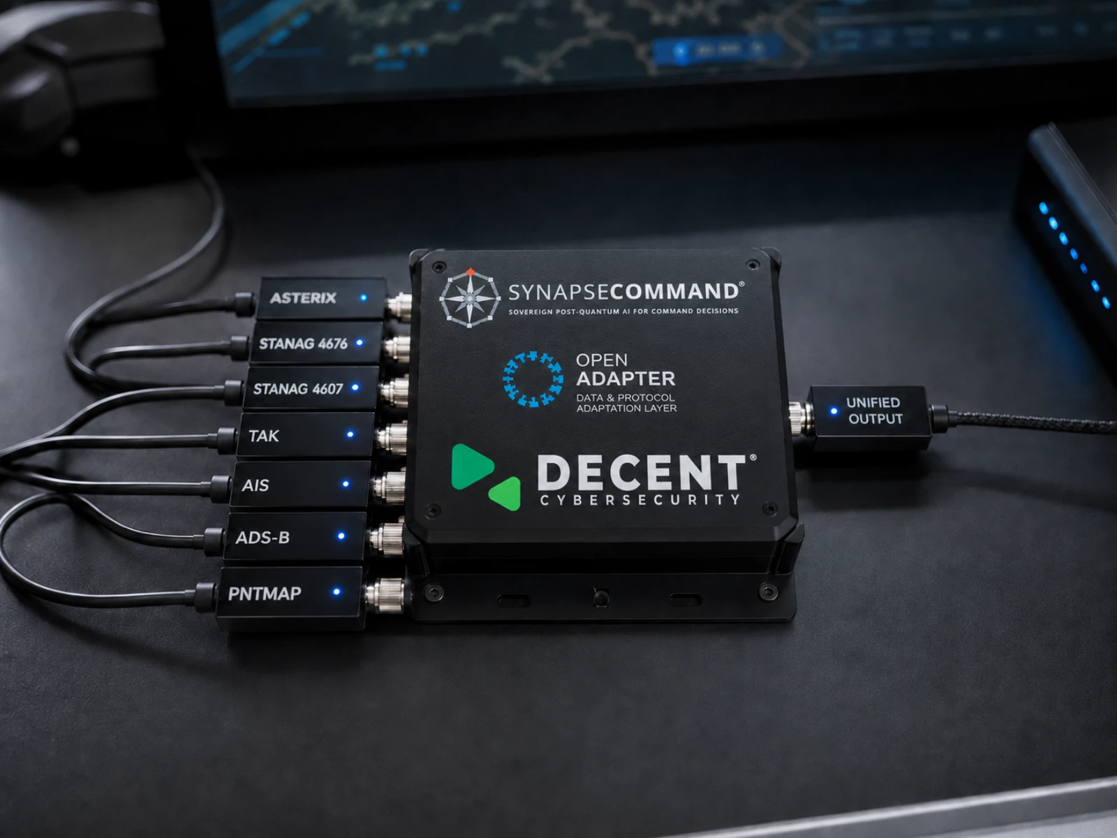 SynapseCommand Open Adapter hardware unit accepting multiple tactical data feeds and emitting a unified output