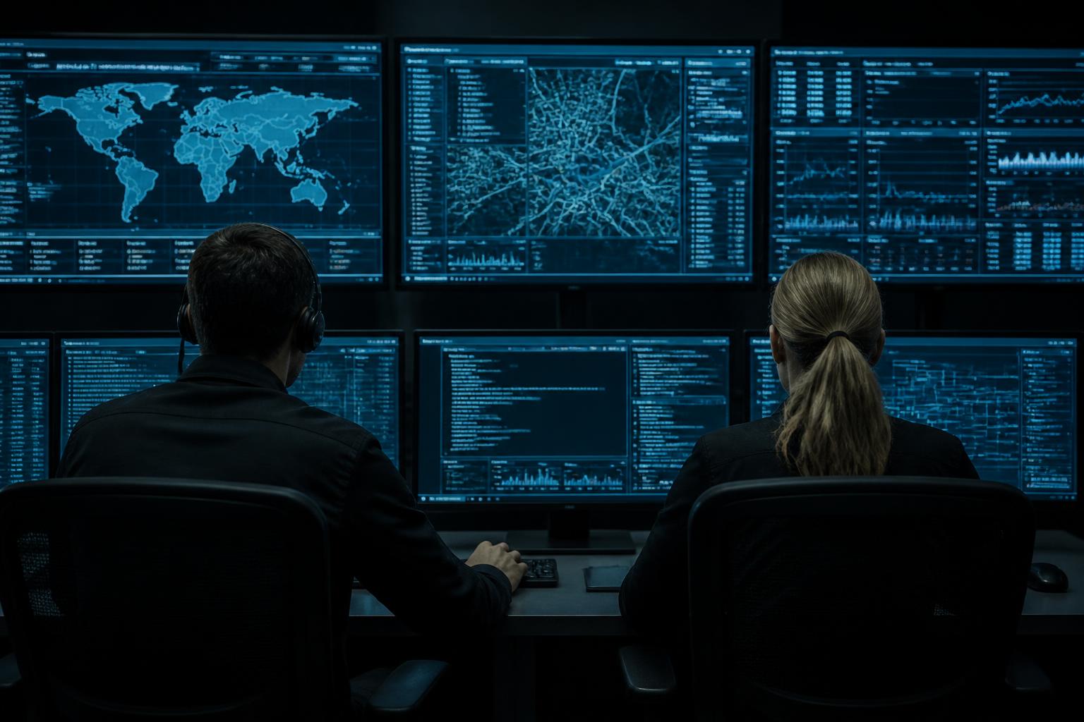 Two operators monitoring multi-screen command consoles in a darkened operations room