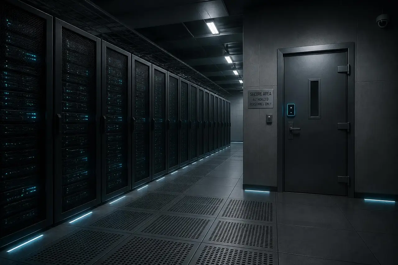 Secure sovereign data centre hall with rows of server racks