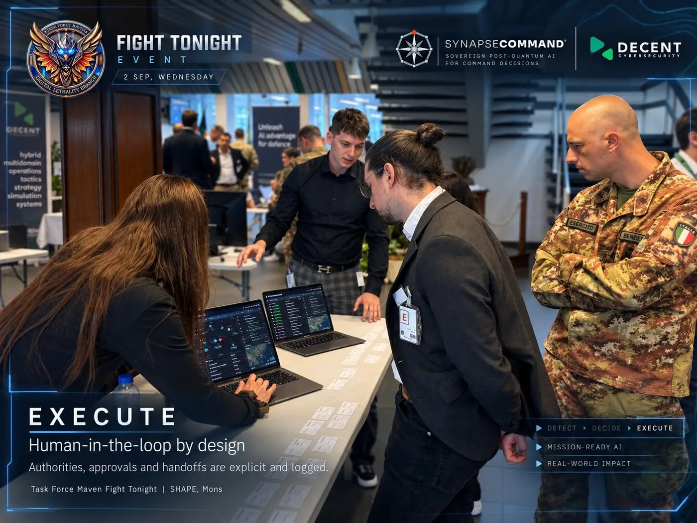 Operators and staff reviewing SynapseCommand execution displays during the Task Force Maven Fight Tonight event at SHAPE, Mons