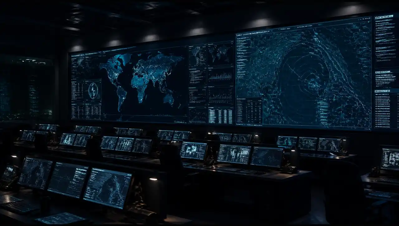 Military operations floor with analysts at multi-screen command workstations