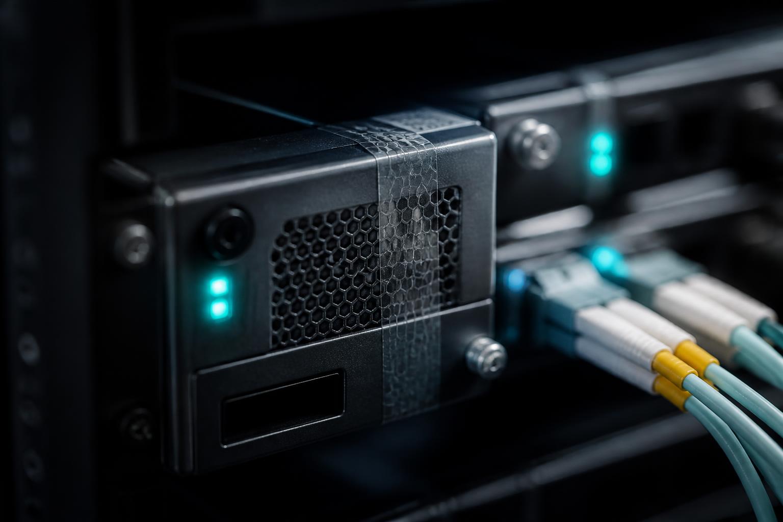 Close-up of a tamper-sealed hardware security module and fibre cabling in a secure rack