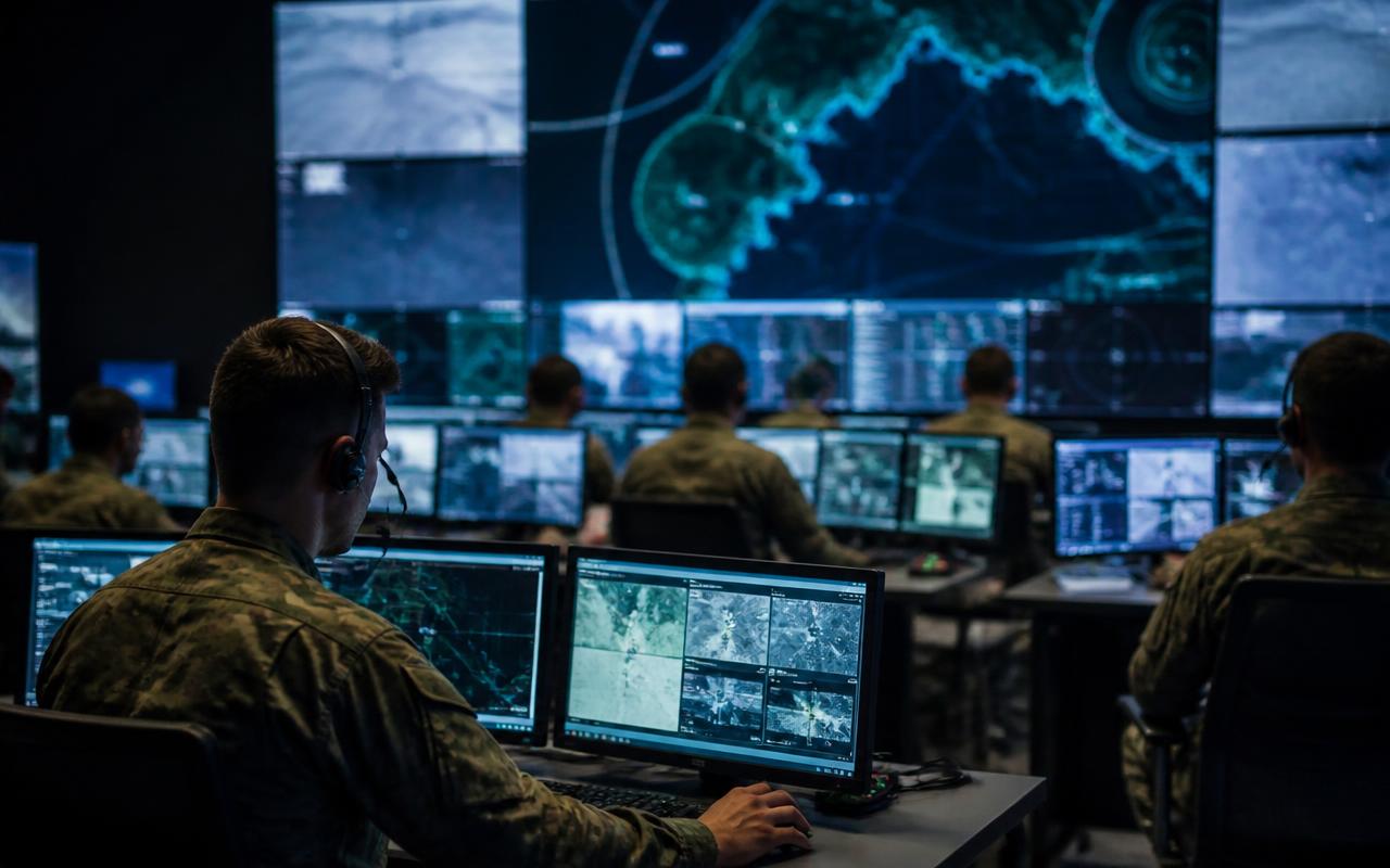 Multi-domain fusion cell with analysts at workstations facing a wall of sensor and track displays