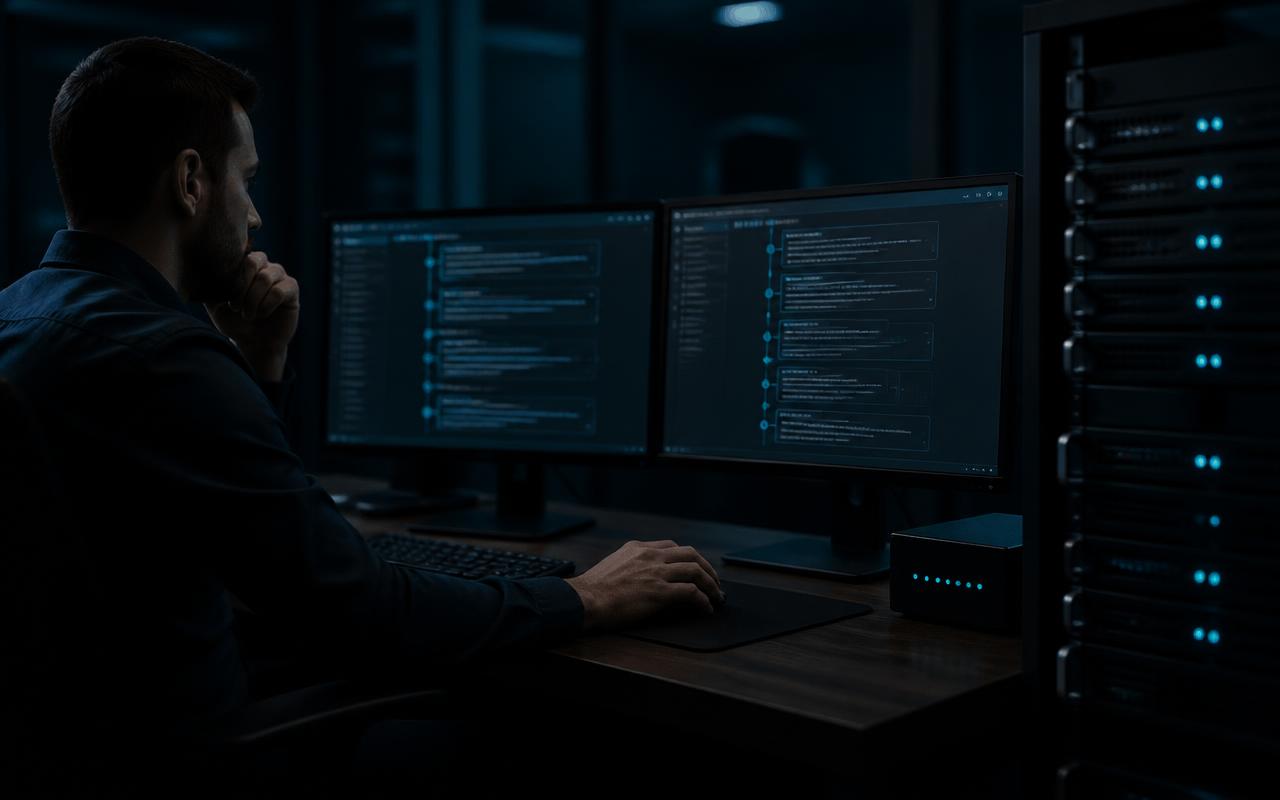 Analyst reviewing a signed decision timeline beside a cryptographic hardware security module rack