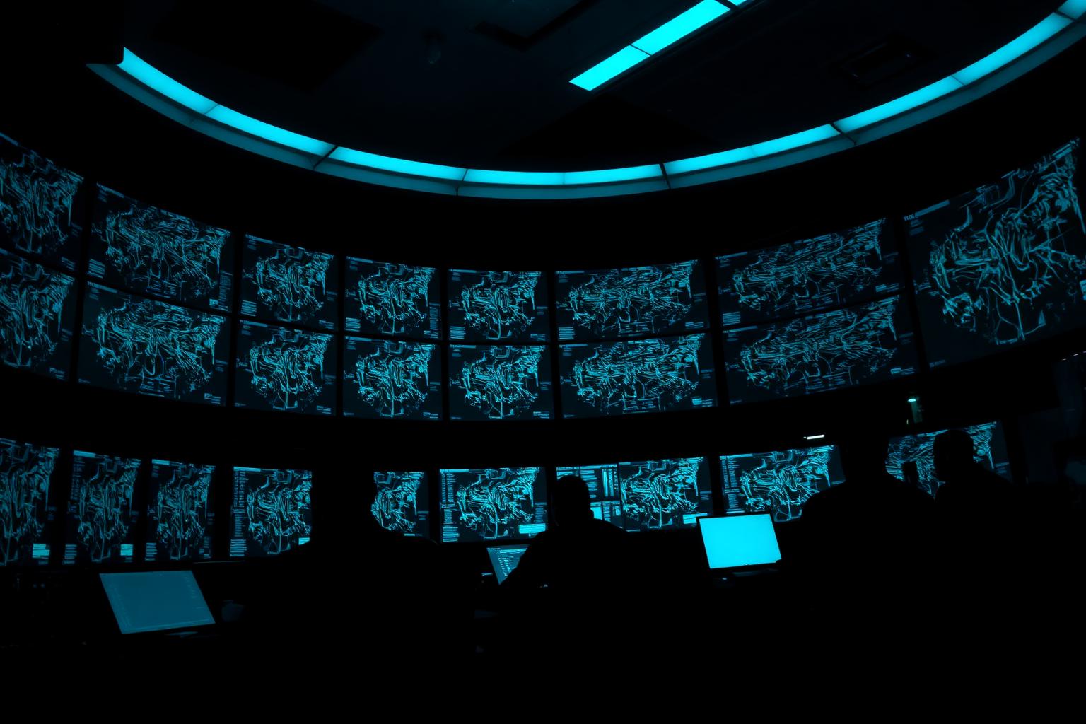 Network operations centre wall with live topology graphs