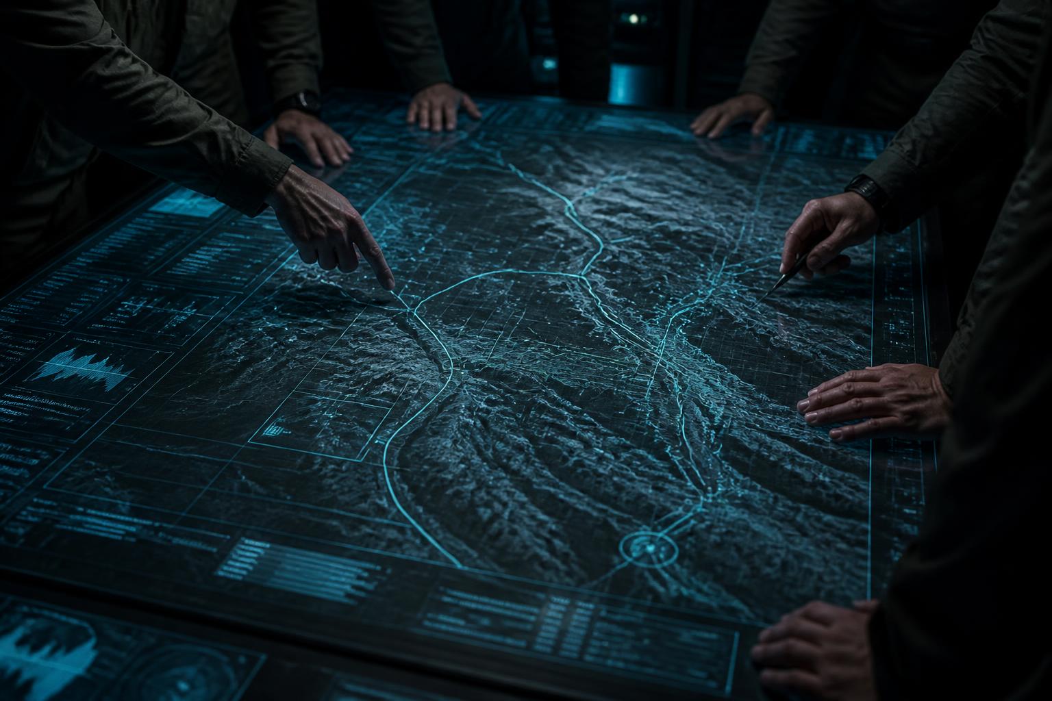Staff officers working a multi-domain planning table over map displays