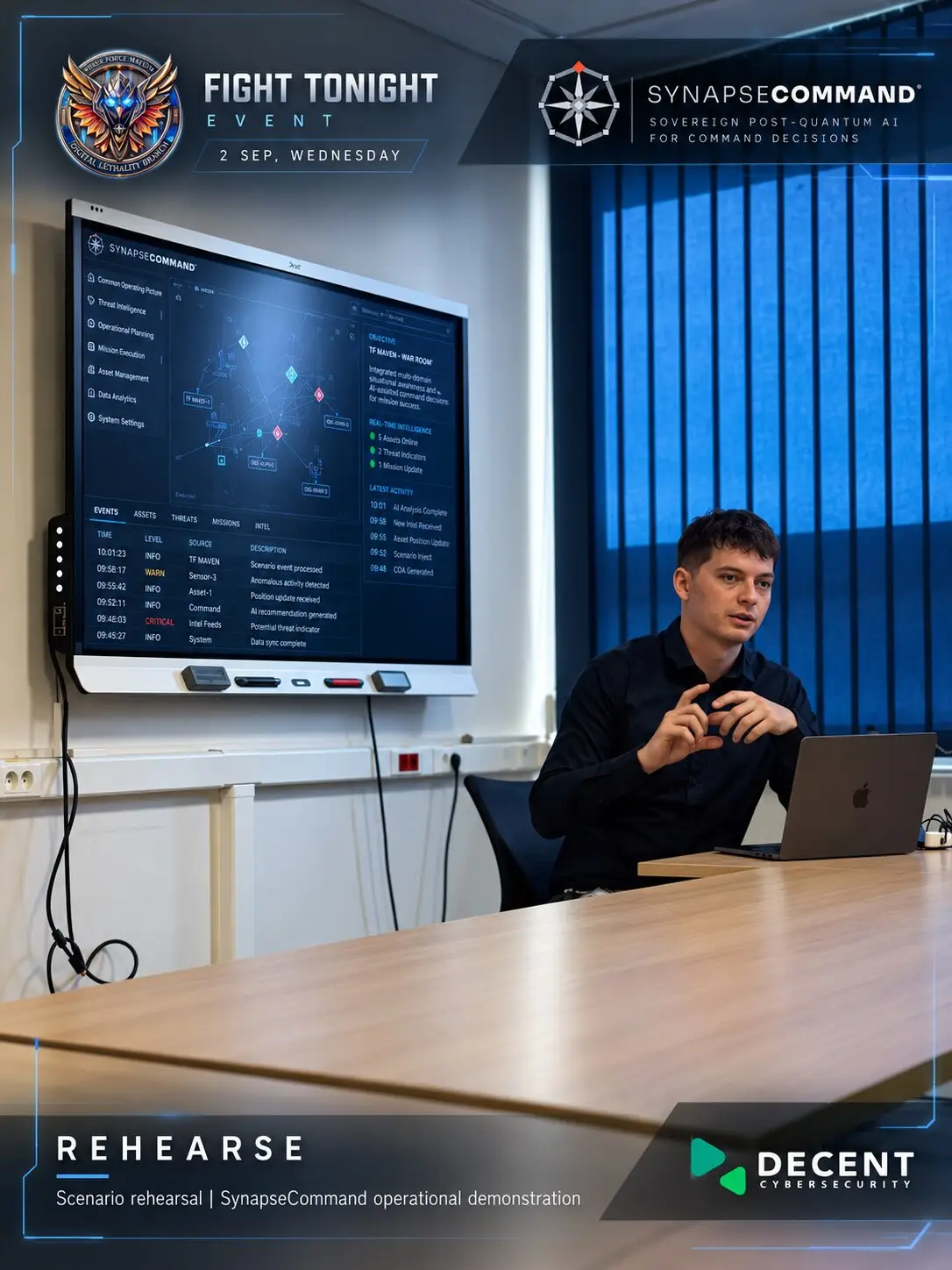 SynapseCommand operational demonstration with multi-domain operating picture displayed on a large screen during a scenario rehearsal
