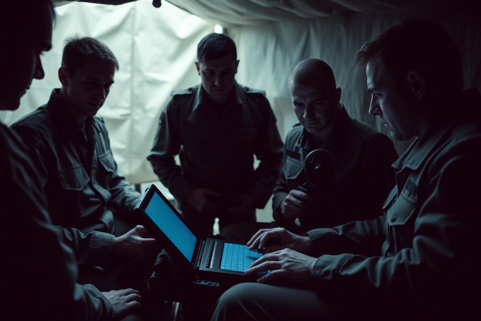 Staff officers reviewing agent-generated options on a rugged field terminal