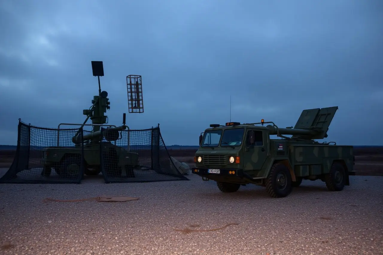 Ground-based air defence radar and short-range effector vehicle at dusk