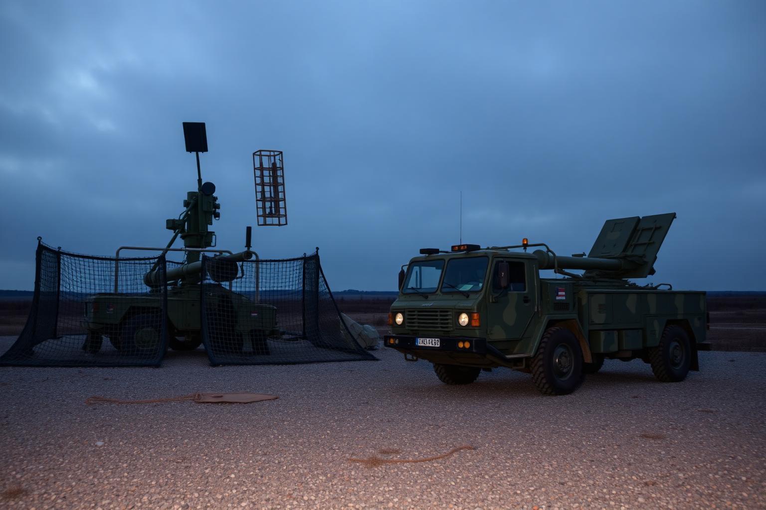 Ground-based air defence radar and short-range effector vehicle at dusk