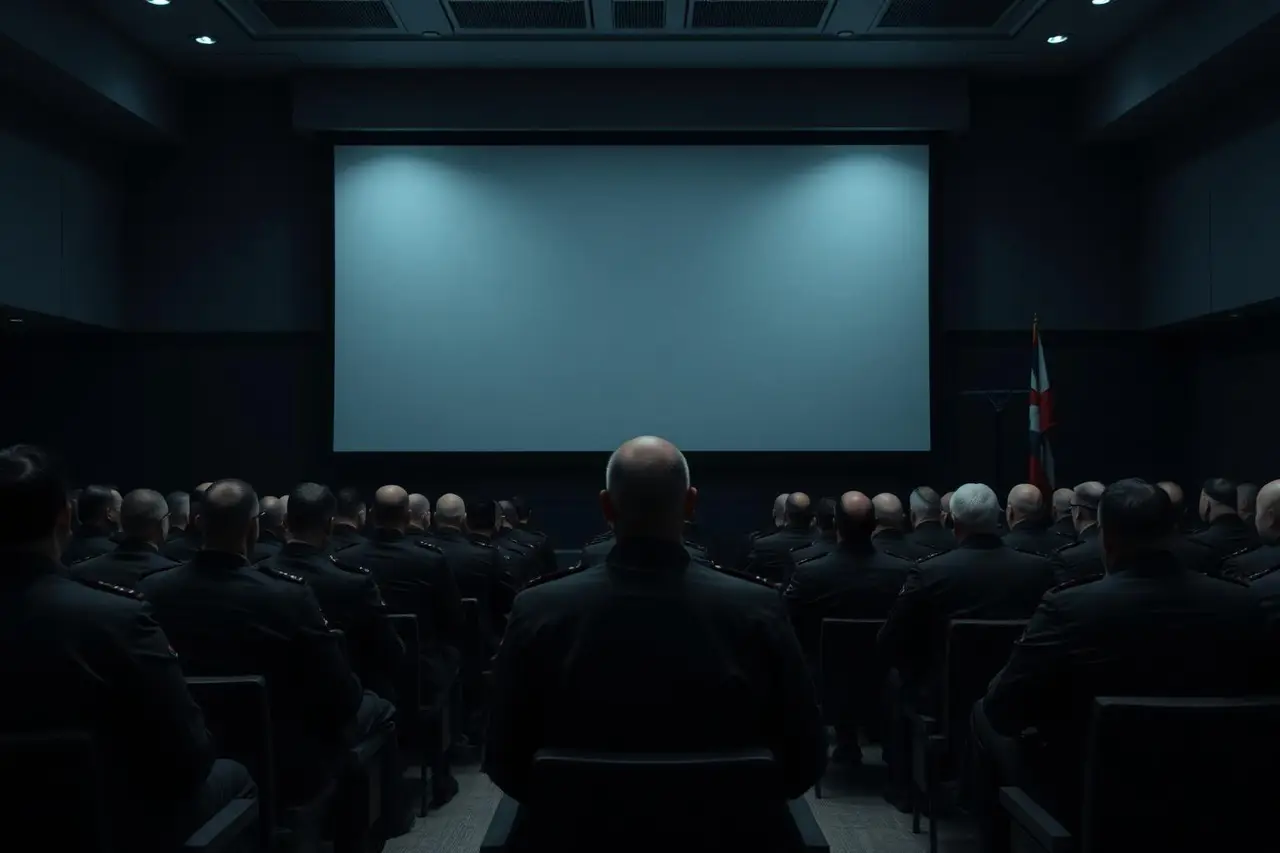 Officers seated in a darkened coalition headquarters briefing theatre
