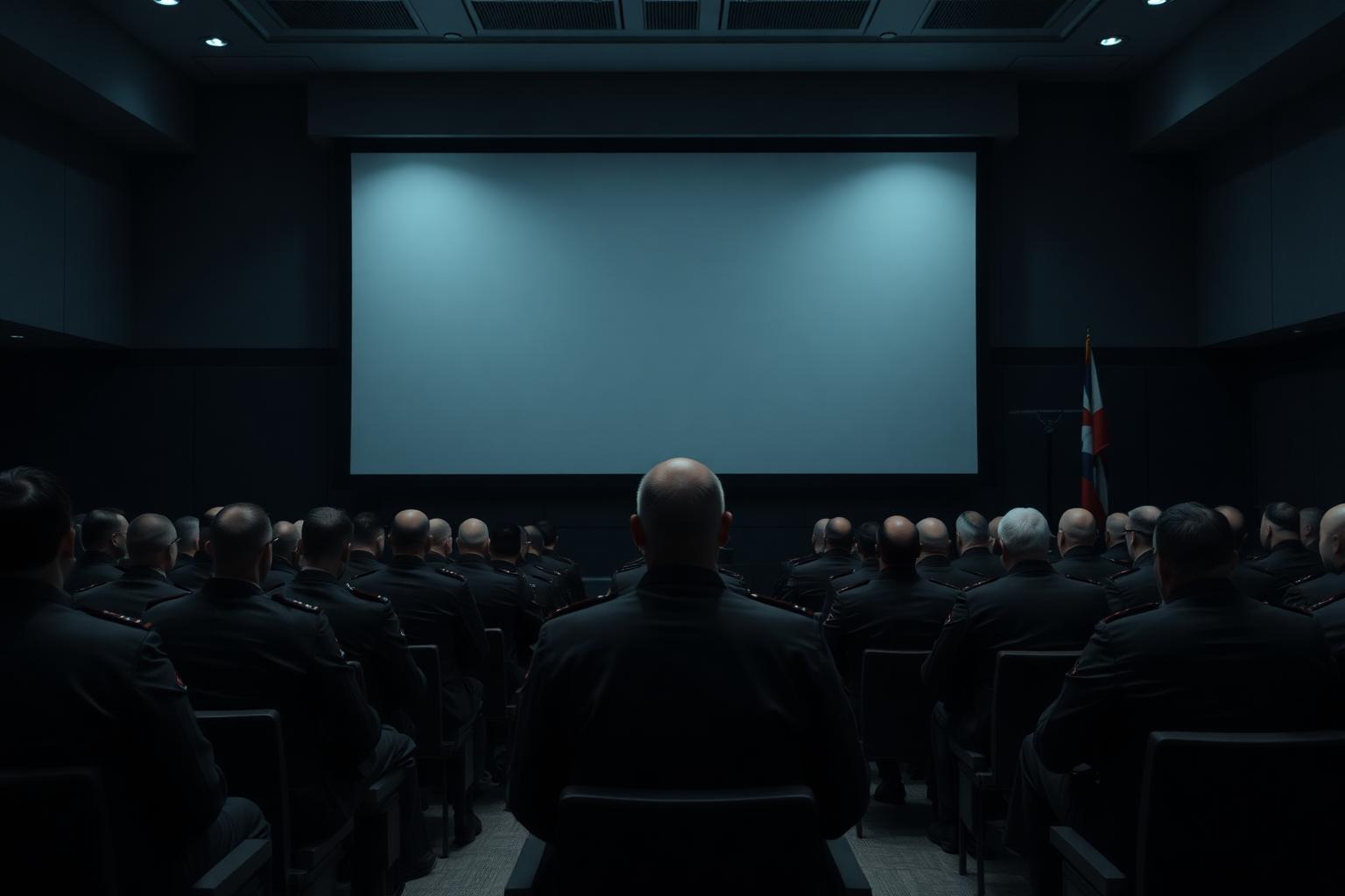 Officers seated in a darkened coalition headquarters briefing theatre