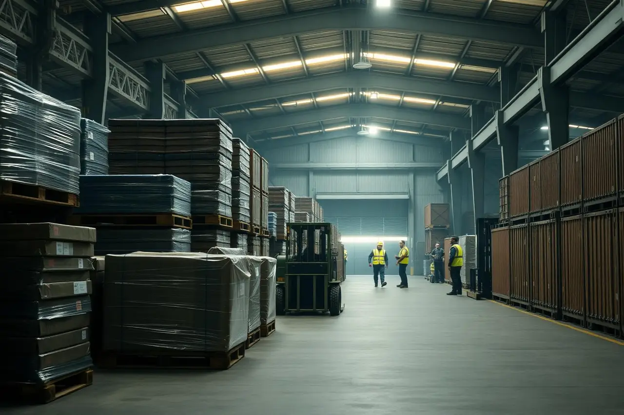 Military logistics depot with palletised supplies and materiel handling equipment