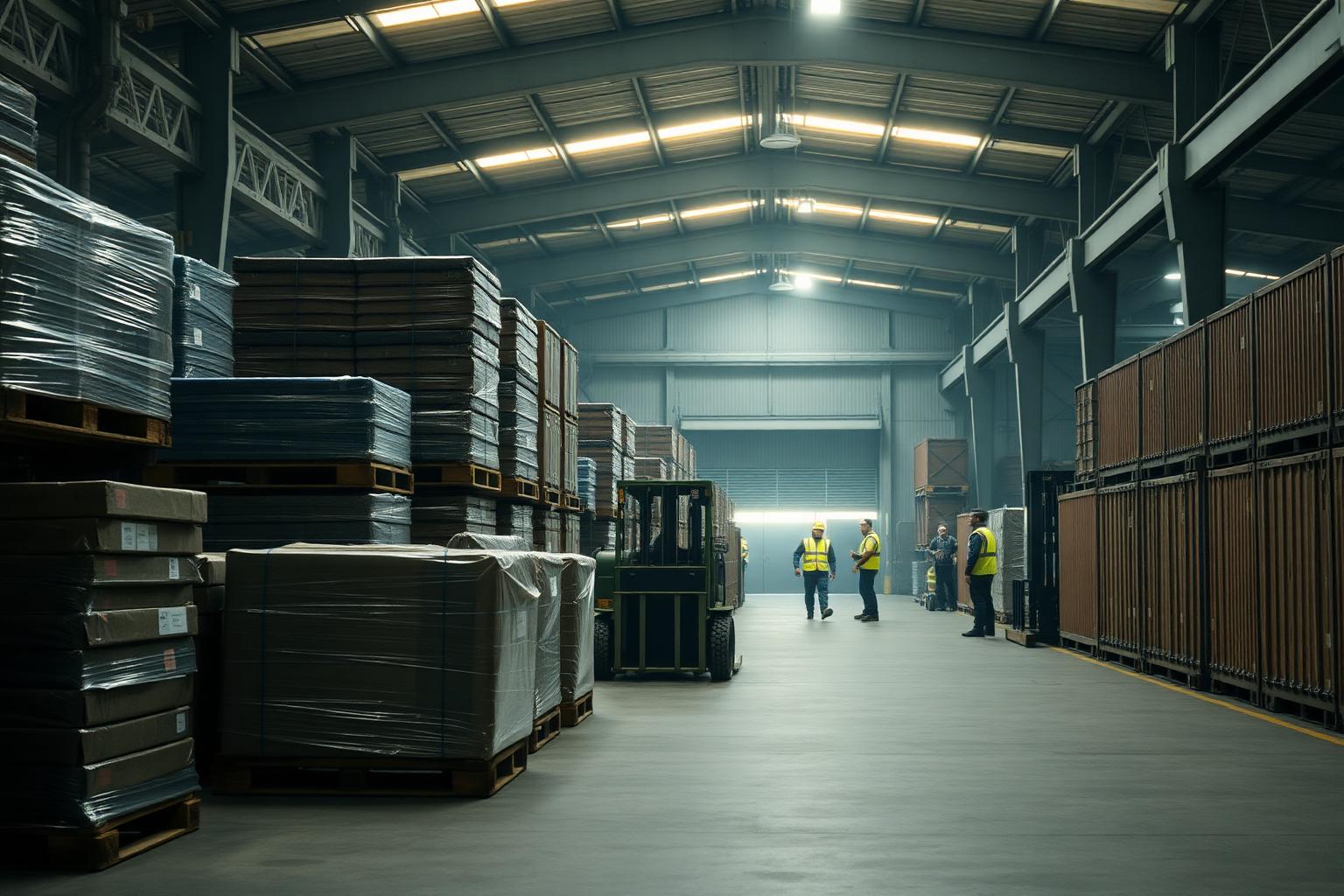 Military logistics depot with palletised supplies and materiel handling equipment