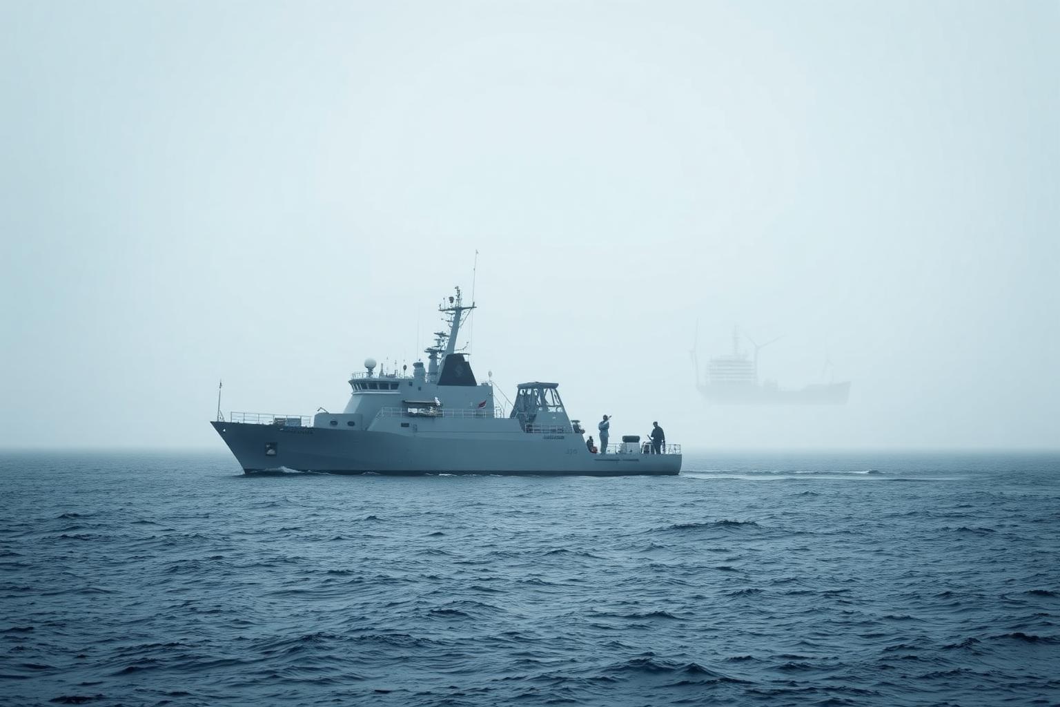 Offshore patrol vessel on station near an offshore wind farm in low visibility