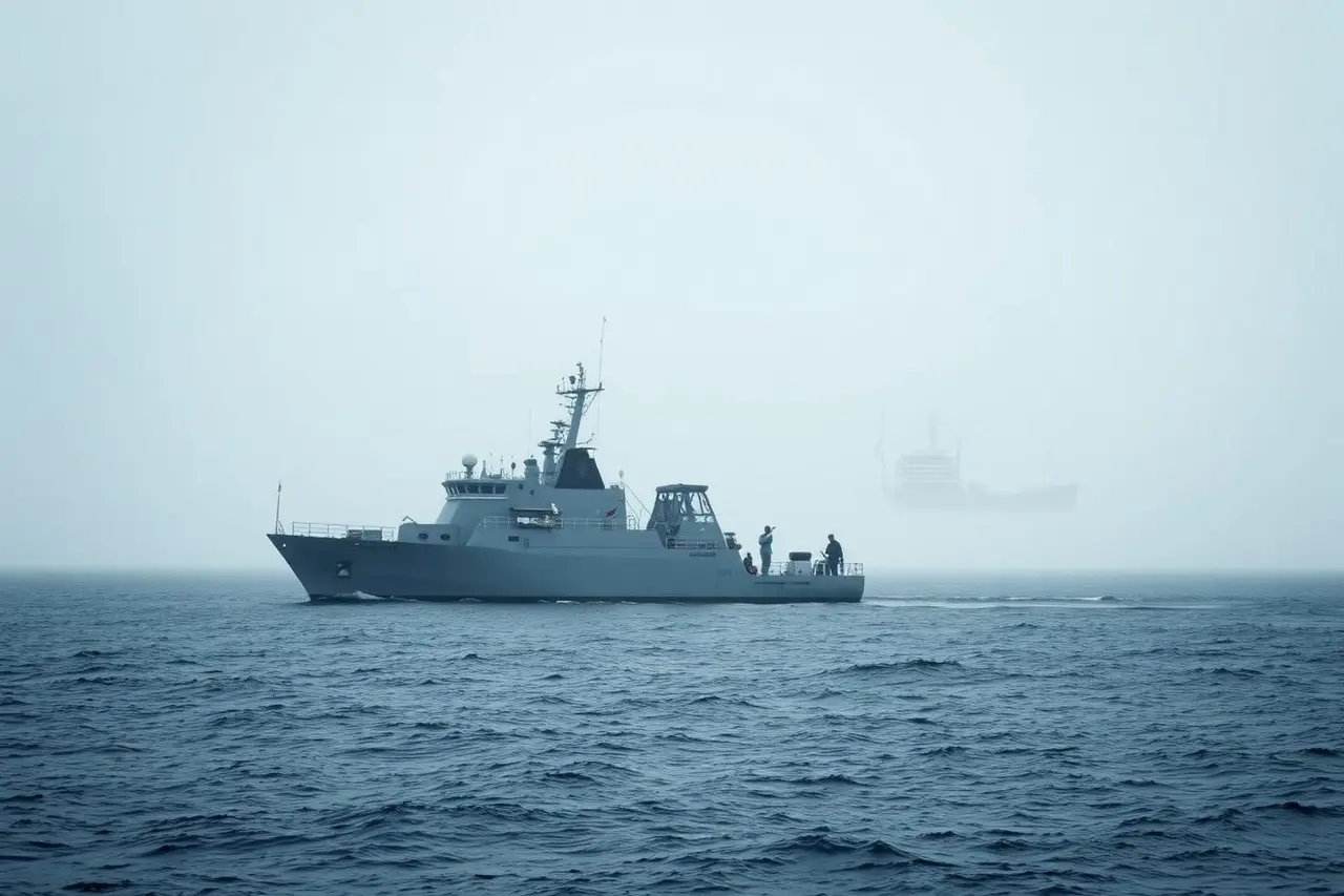 Offshore patrol vessel on station near an offshore wind farm in low visibility