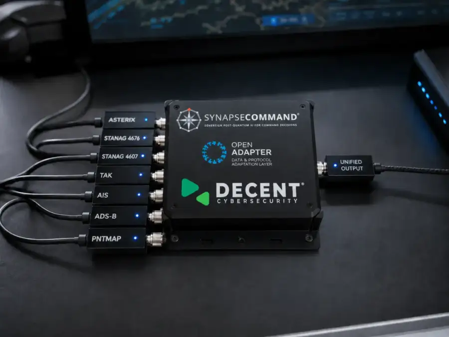 SynapseCommand Open Adapter hardware unit accepting multiple tactical data feeds and emitting a unified output
