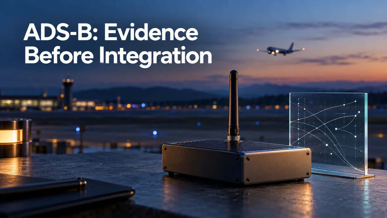 Conceptual ADS-B receiver beside an airfield with an abstract observation card and the words ADS-B: Evidence Before Integration.