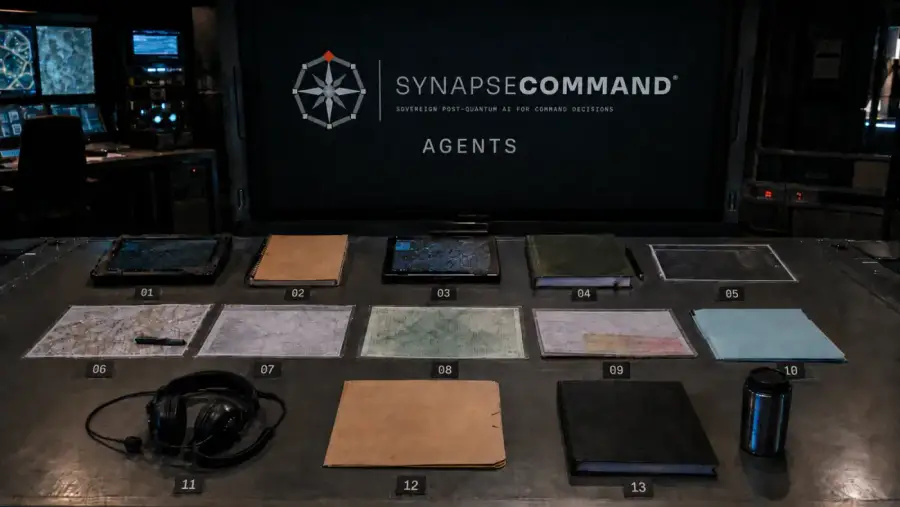 Command centre briefing table with numbered agent dossiers laid out beneath a SynapseCommand Agents display screen
