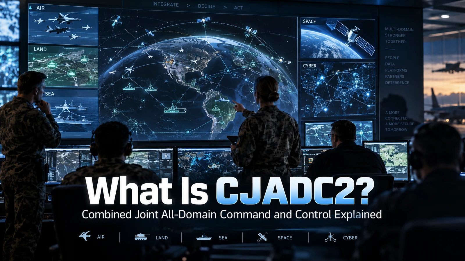Operators in a multinational command centre facing a large display of air, land, sea, space and cyber domains around a globe
