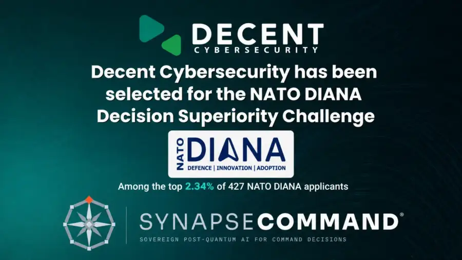 NATO DIANA selection banner announcing Decent Cybersecurity's participation in the Decision Superiority for NATO Warfighters programme
