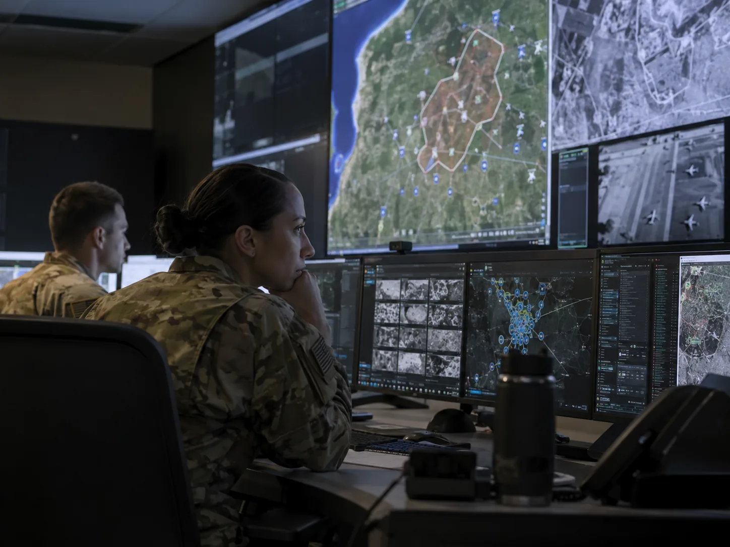 Military operators analysing sensor and operational data in an AI-enabled command centre