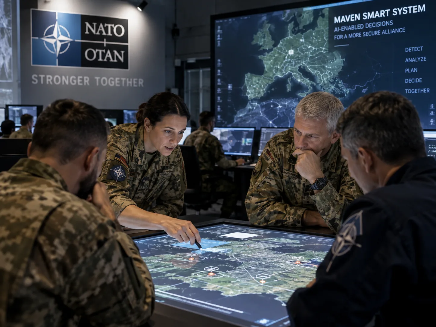 Military personnel collaborating around an AI-enabled command and control decision environment